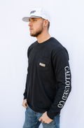 Man wearing a black long-sleeve shirt with 'Calloused Co.' branding on a white background